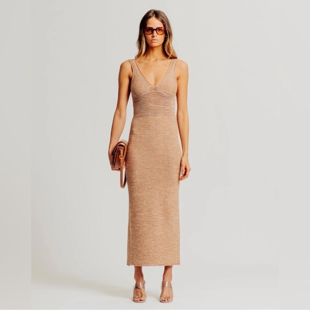 NWT Ronny Kobo Darcy Madi Open-Back Knit Maxi Dress BROWN SAND
